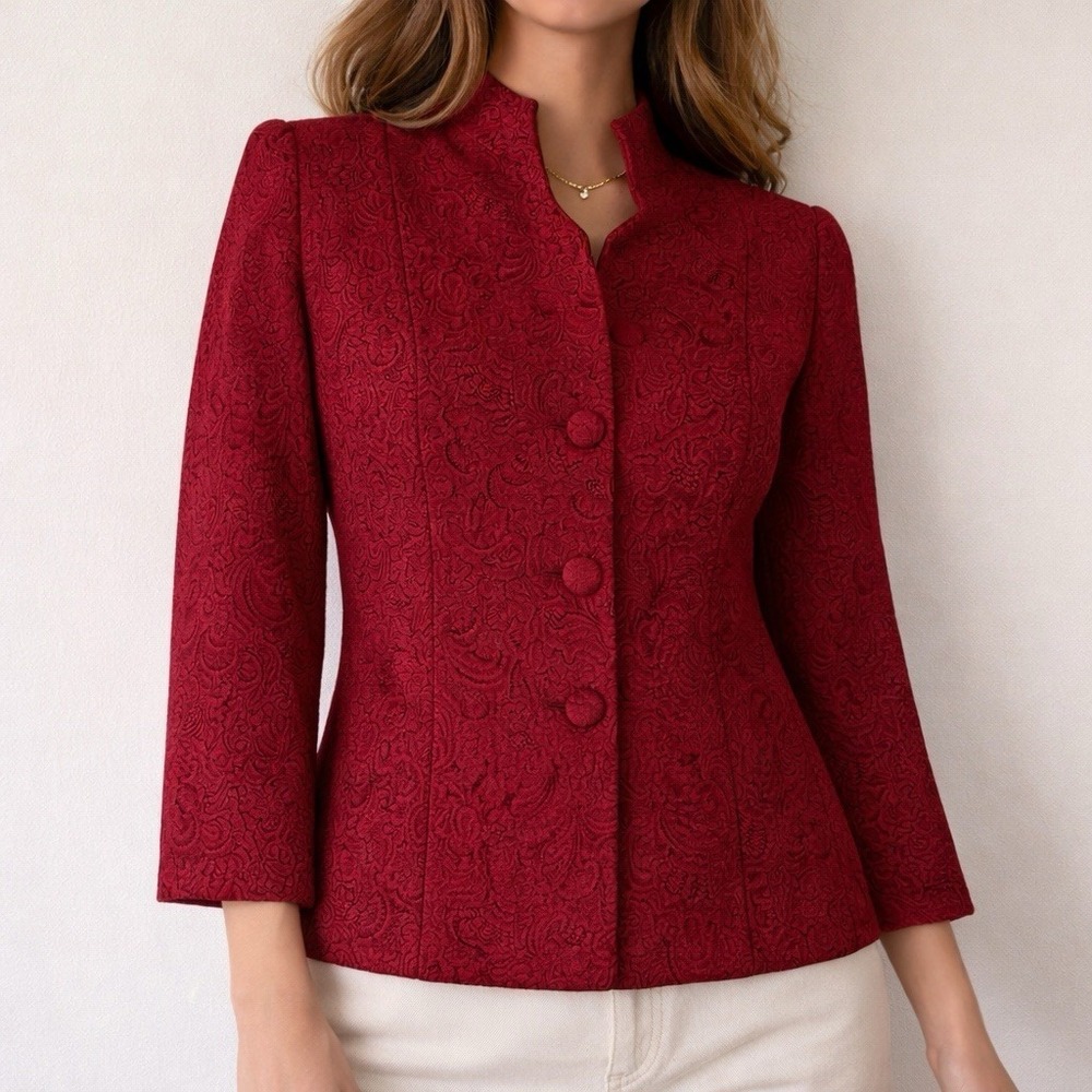 db Collection NWT Red Jacquard Blazer 6 Petite Textured Button Office Romantic